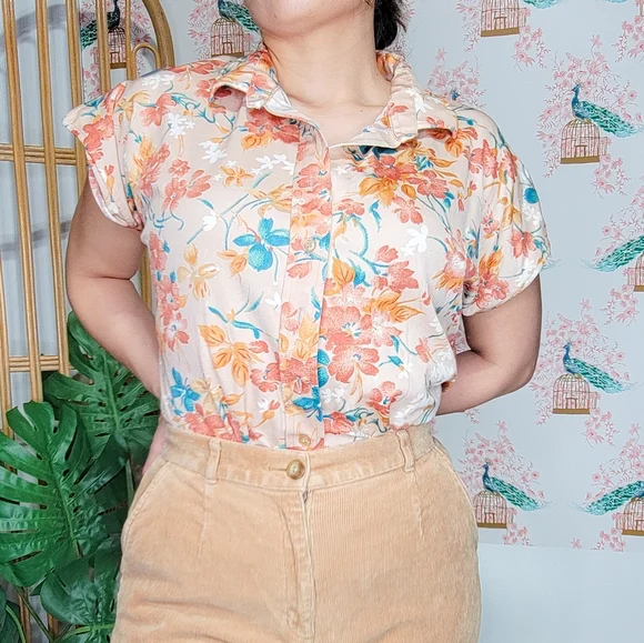 Vintage Floral 90's Shorts Cap Sleeved Button Down Floral Print Shirt - Picture 1 of 6